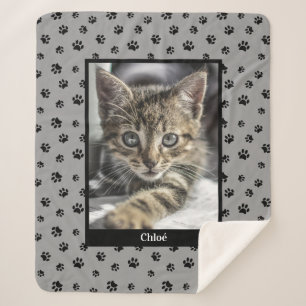 Cute Cat Photo Name Black Paw Prints Silver Grey Sherpa Blanket