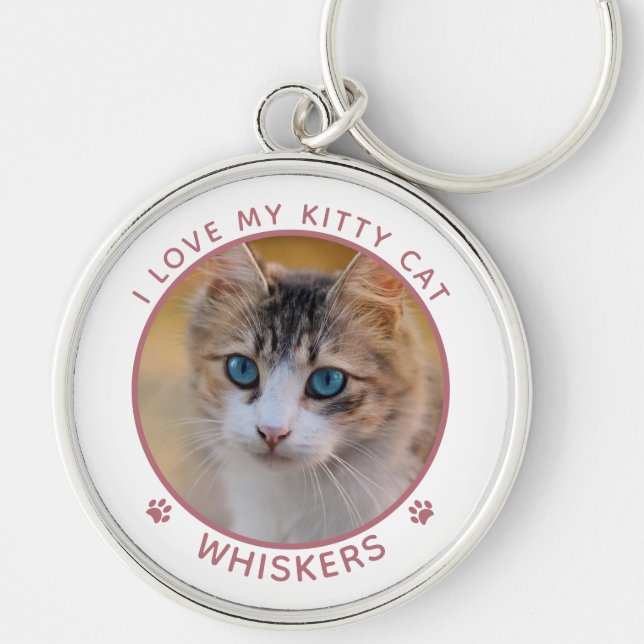 Cute Cat Photo Name Pink Paw Prints Personalised Key Ring (Front)