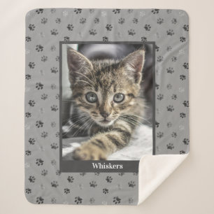 Cute Cat Photo Name Silver Grey Paw Prints Sherpa Blanket