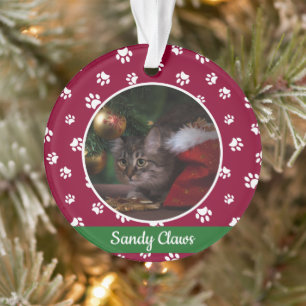 Cute Cat Photo Name Year Red and White Paw Prints Ornament