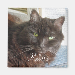Cute Cat Photo Personalised White Script Magnet