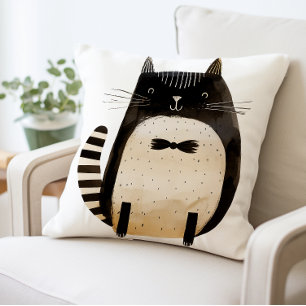Cute Cat Pillow, Black and White Cat Cushion