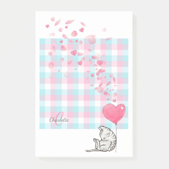 Cute Cat Pink Blue Monogram Post-it Notes (Front)