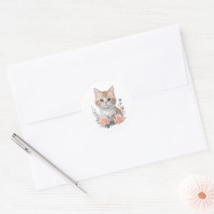 Cute Cat Pink Floral Classic Round Sticker