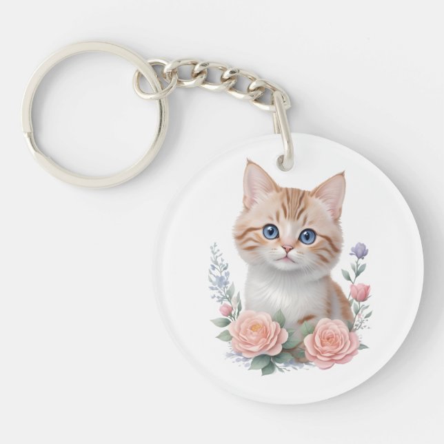 Cute Cat Pink Floral  Key Ring (Front)