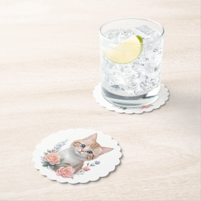 Cute Cat Pink Floral  Paper Coaster (Insitu)