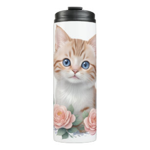 Cute Cat Pink Floral Thermal Tumbler