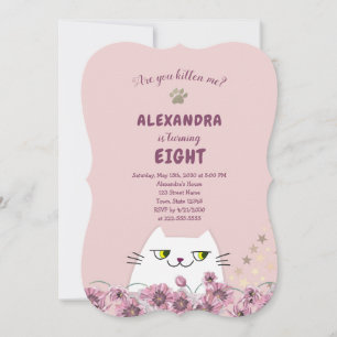 Cute Cat Pink Girls Birthday Invitation