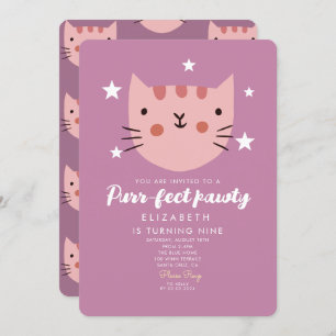 Cute Cat Pink Green Birthday Party  Invitation