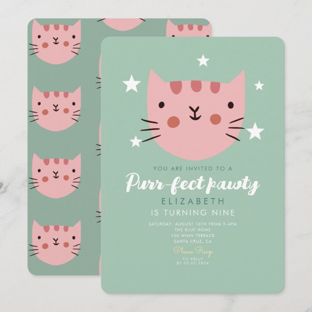 Cute Cat Pink Green Birthday Party Invitation (Front/Back)