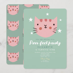 Cute Cat Pink Green Birthday Party Invitation
