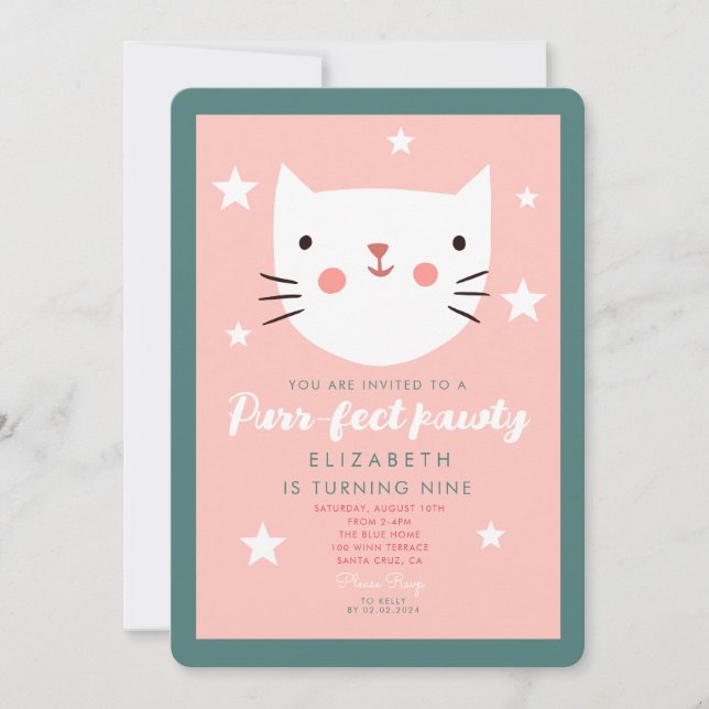 Cute Cat Pink Green Purple Stars Birthday  Invitation (Front)