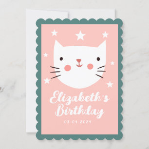 Cute Cat Pink Green Purple Stars Birthday  Invitation