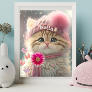 Cute Cat Pink Knit Scarf Hat Floral Personalised Poster