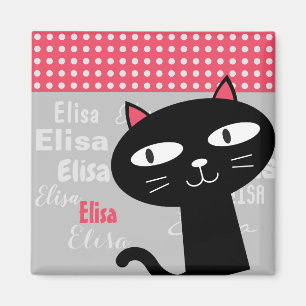 Cute cat pink polka dots personalised name magnet