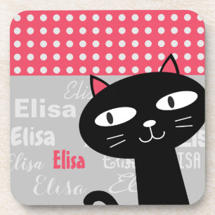 Cute cat pink polka dots personalized name coaster
