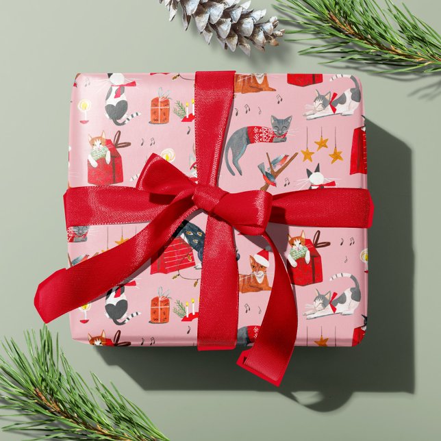 Cute Cat Pink Retro Christmas pattern Wrapping Paper (Cute Cat Pink Retro Christmas pattern Wrapping Paper)