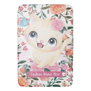 Cute Cat Pink Roses Blush Flowers Custom Name Bath Mat