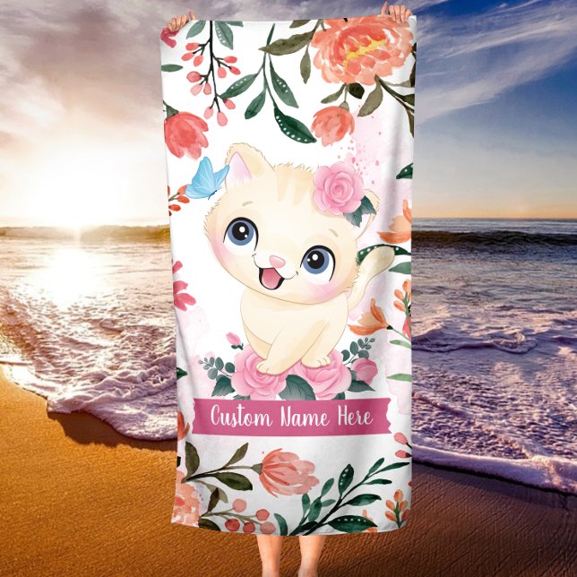 Cute Cat Pink Roses Blush Flowers Custom Name Beach Towel (Creator Uploaded)