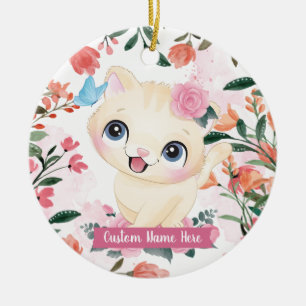 Cute Cat Pink Roses Blush Flowers Custom Name Ceramic Ornament