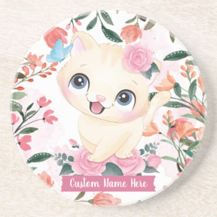 Cute Cat Pink Roses Blush Flowers Custom Name Coaster