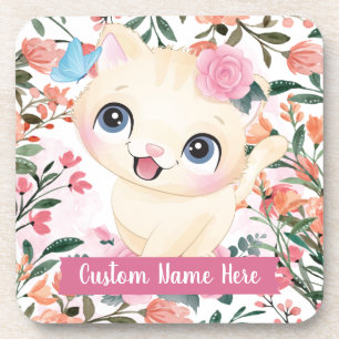 Cute Cat Pink Roses Blush Flowers Custom Name Coaster