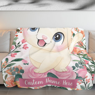 Cute Cat Pink Roses Blush Flowers Custom Name Fleece Blanket