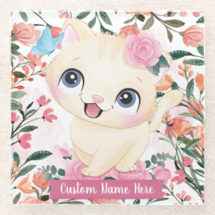 Cute Cat Pink Roses Blush Flowers Custom Name Glass Coaster