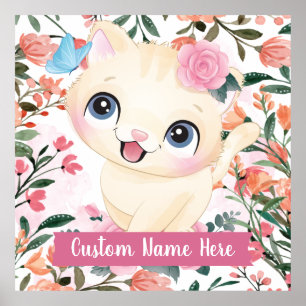 Cute Cat Pink Roses Blush Flowers Custom Name Poster