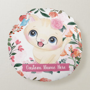 Cute Cat Pink Roses Blush Flowers Custom Name Round Cushion