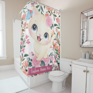Cute Cat Pink Roses Blush Flowers Custom Name Shower Curtain