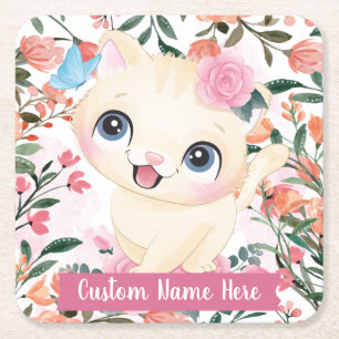 Cute Cat Pink Roses Blush Flowers Custom Name Square Paper Coaster