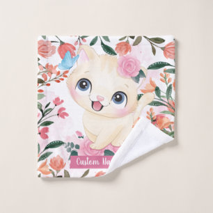 Cute Cat Pink Roses Blush Flowers Custom Name Wash Cloth