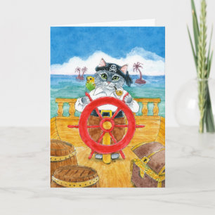 Cute cat pirate budgie caribbean card