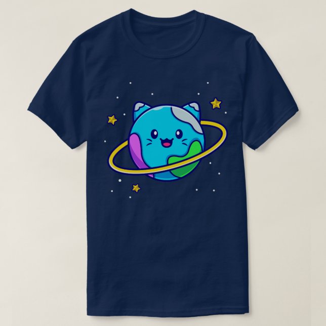 Cute Cat Planet Cartoon T-Shirt (Design Front)