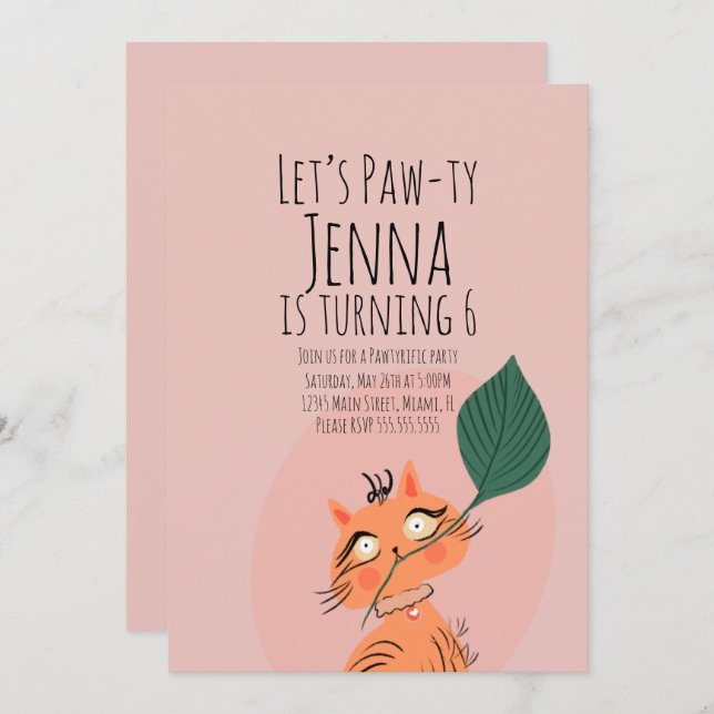 Cute Cat PlanT Birthday  Party Black Pink  Invitation (Front/Back)