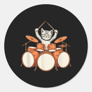 Cute Cat Playing Drums Funny Drummer Kit Cartoon Classic Round Sticker