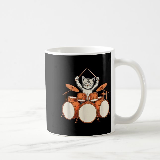 Cute Cat Playing Drums Funny Drummer Kit Cartoon Coffee Mug (Right)