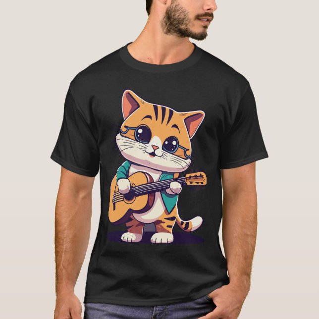 Cute Cat Playing Guitar T-Shirt (Front)