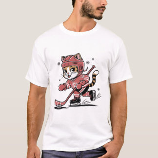 Cute Cat Playing Ice Hockey Cartoon Sports Design T-Shirt