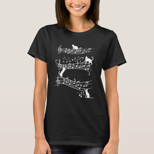 Cute Cat Playing On Musical Notes Music  Piano Mus T-Shirt (Front)