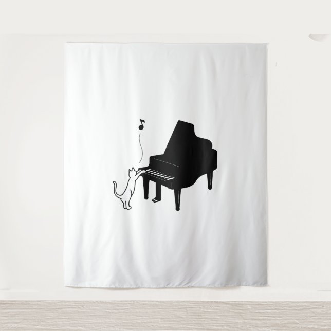 Cute Cat Playing Piano Funny Musician Art Tapestry (Front)