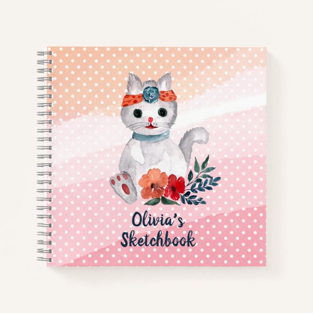 Cute Cat Polka Dot Personalised Sketchbook  Notebook (Front)