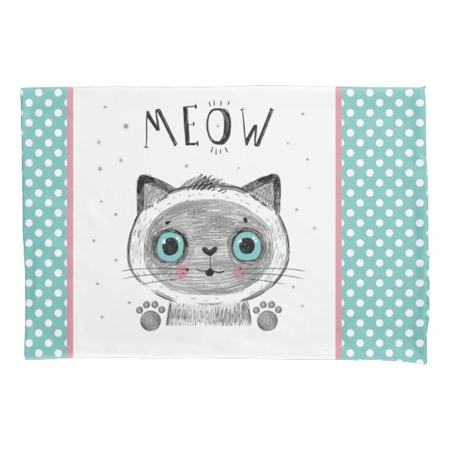 Cute Cat, Polka Dots, Paws MEOW Pillowcase (Front)
