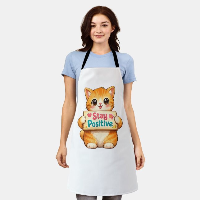 Cute Cat Positive Vibes Illustration Apron (Worn)