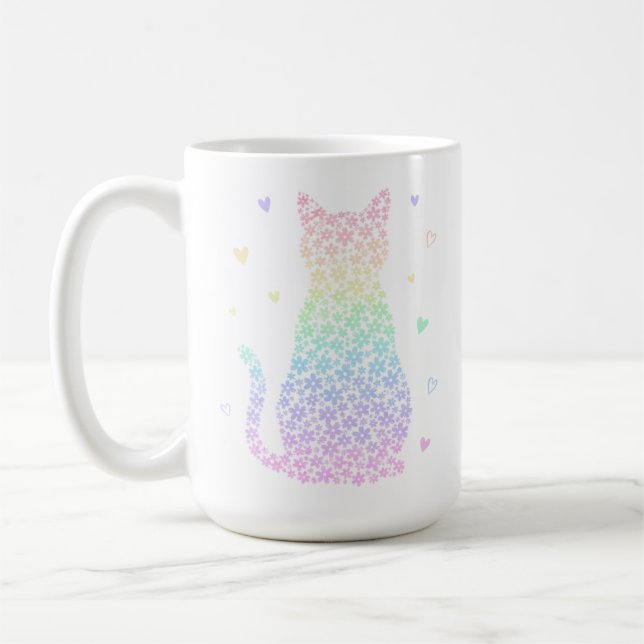  cute cat  rainbow hearts pastel gradient pattern coffee mug (Left)
