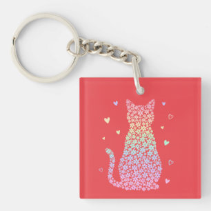 cute cat rainbow hearts pastel gradient pattern key ring