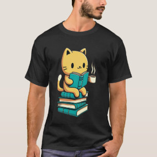 Cute Cat Reading A Book And Drink Coffee Graphic T-Shirt