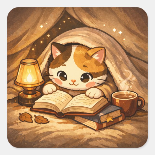 Cute Cat Reading Book | Cosy Book Lover Cat Square Sticker (Front)