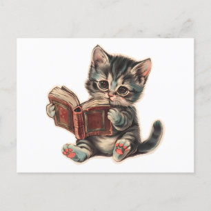 Cute cat reading book retro children illustration postcard